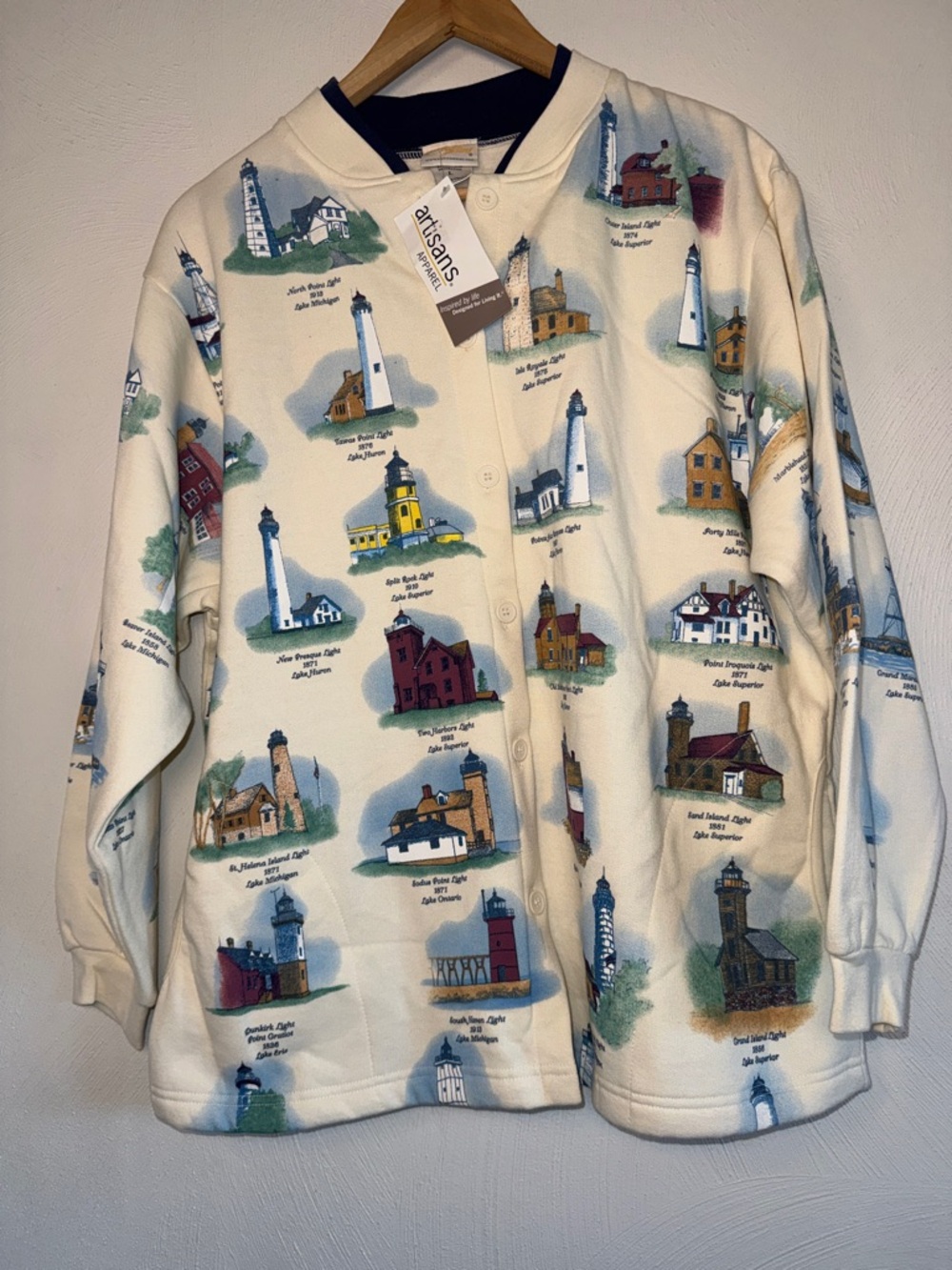 Artisan Cream Cardigan with Multicolor Lighthouse Print